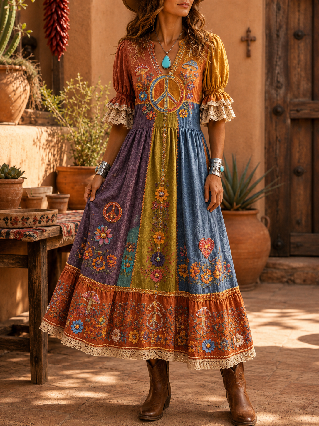 Women's Retro Art Print Washed Cotton Lace Patchwork Midi Dress